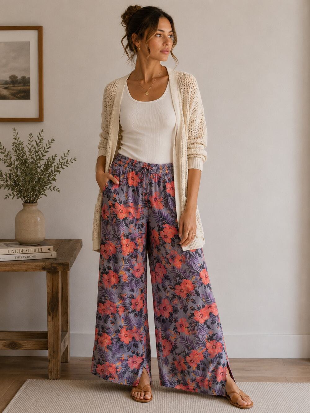 Revery Tropical Floral Wide Leg Palazzo Pants Gray Rayon Large